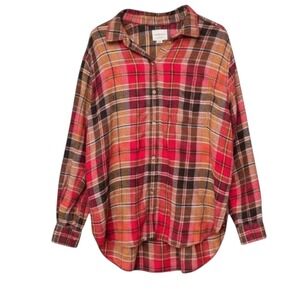 American Eagle Womens Shirt L Red Orange Flannel Boyfriend Fit Casual Grunge